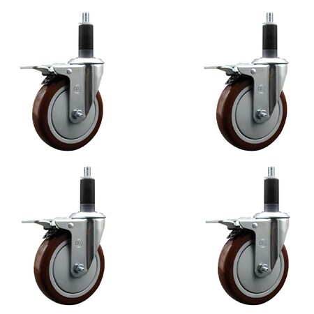Service Caster 5'' Maroon Poly Swivel 1-1/8'' Expanding Stem Caster Set Total Lock Brake, 4PK SCC-EXTTL20S514-PPUB-MRN-118-4